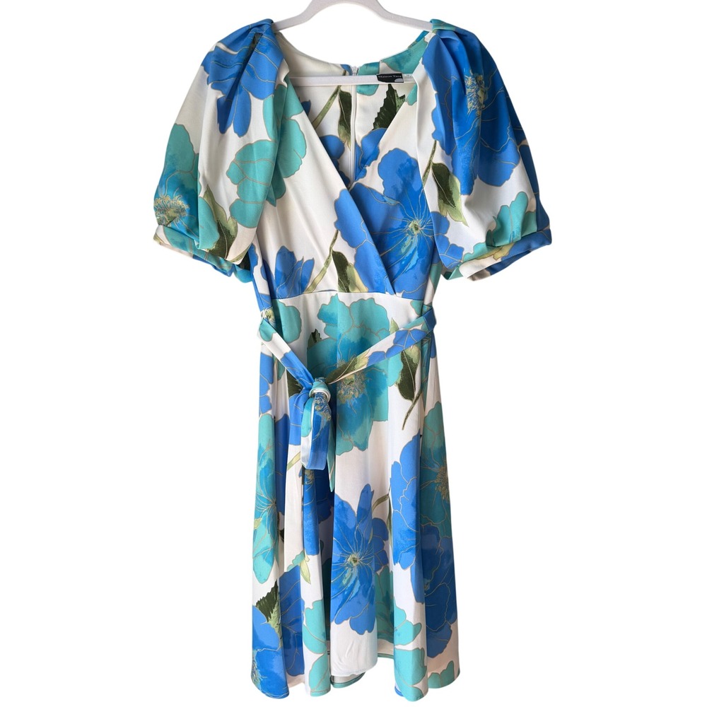 NEW Maison Tara Floral Puff Sleeve Belted Midi Dress Blue Green Size‎ 16 NWT